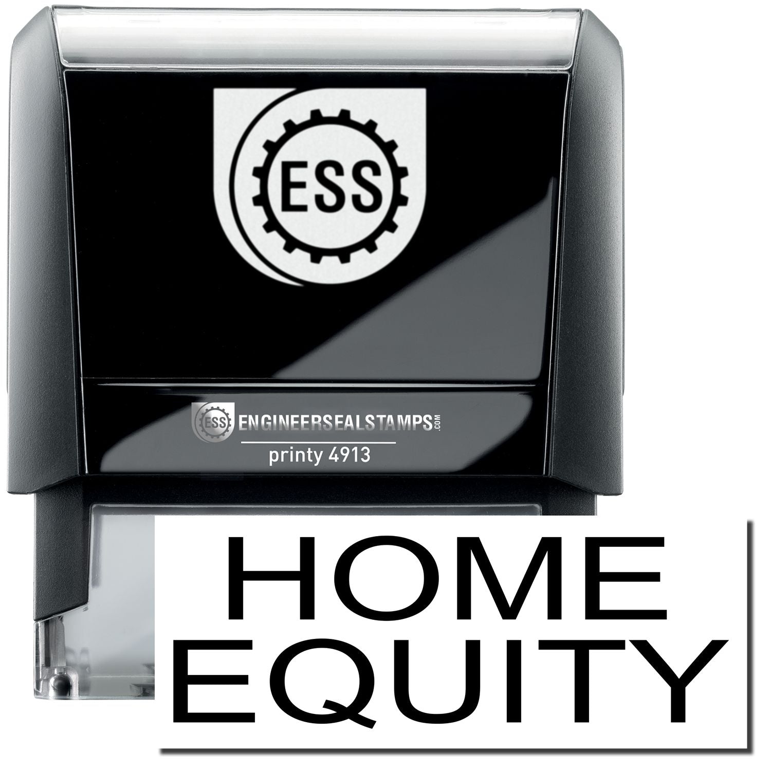 A self-inking stamp with a stamped image showing how the text HOME EQUITY in a large bold font is displayed by it.