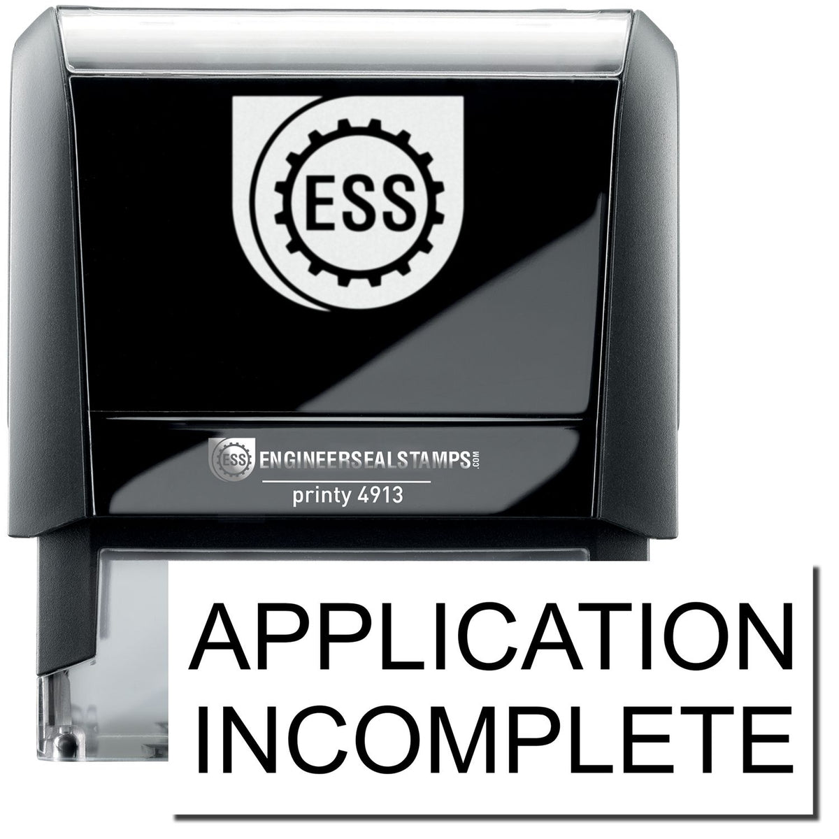 A self-inking stamp with a stamped image showing how the text &quot;APPLICATION INCOMPLETE&quot; in a large bold font is displayed by it.