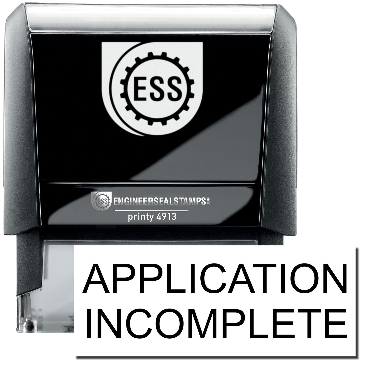 A self-inking stamp with a stamped image showing how the text "APPLICATION INCOMPLETE" in a large bold font is displayed by it.