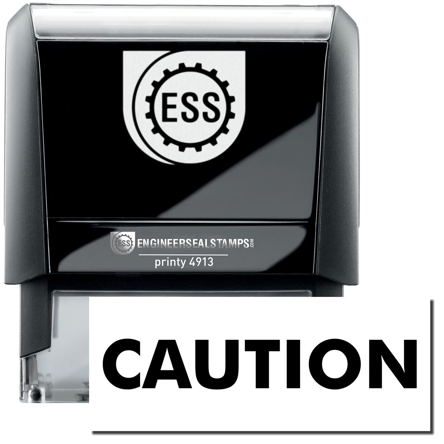 A self-inking stamp with a stamped image showing how the text "CAUTION" in a large bold font is displayed by it.