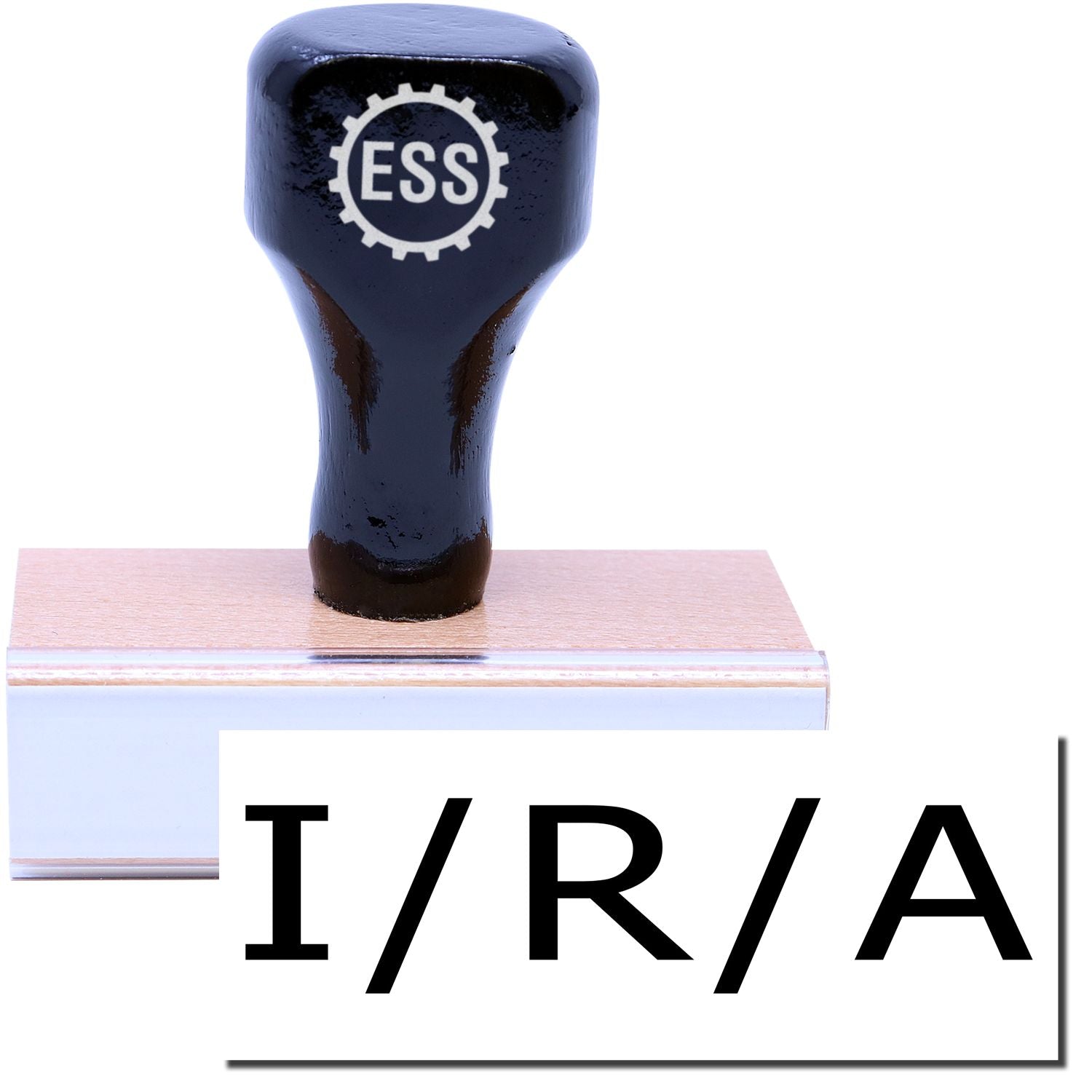 A stock office rubber stamp with a stamped image showing how the text "I / R / A" in a large font is displayed after stamping.