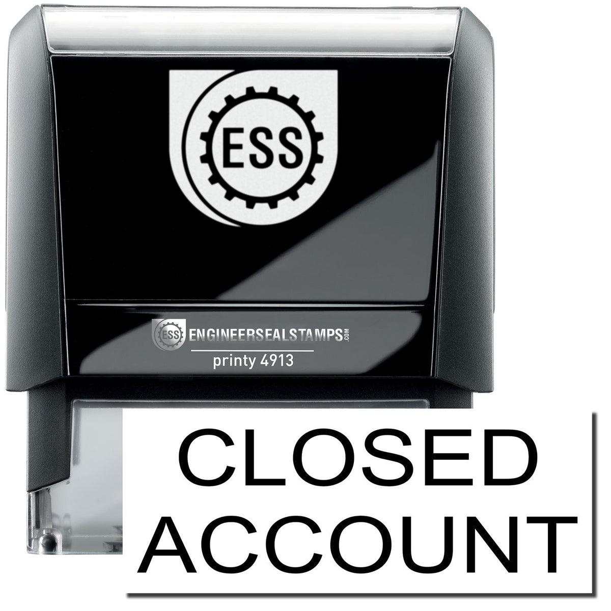 A self-inking stamp with a stamped image showing how the text &quot;CLOSED ACCOUNT&quot; in a large bold font is displayed by it.