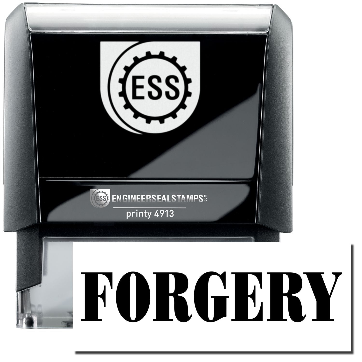 A self-inking stamp with a stamped image showing how the text FORGERY in a large bold font is displayed by it.