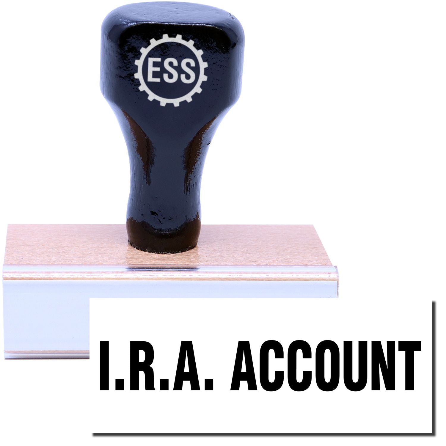 A stock office rubber stamp with a stamped image showing how the text "I.R.A. ACCOUNT" in a large font is displayed after stamping.