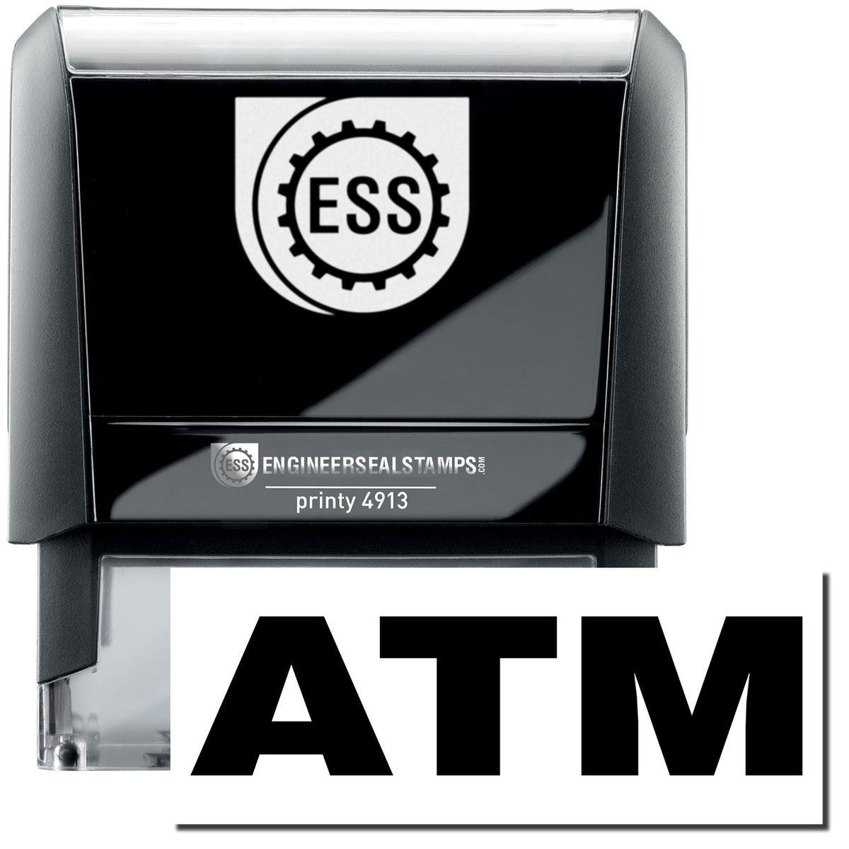 A self-inking stamp with a stamped image showing how the text &quot;ATM&quot; in a large bold font is displayed by it.