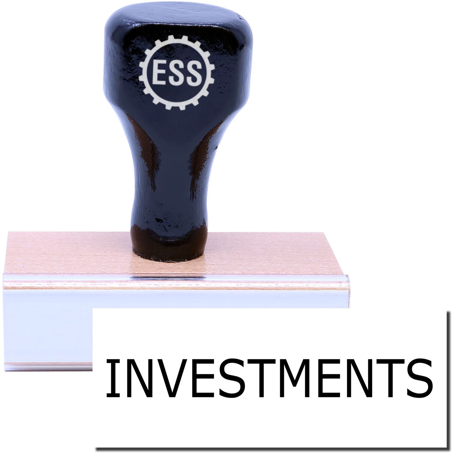 A stock office rubber stamp with a stamped image showing how the text "INVESTMENTS" in a large font is displayed after stamping.