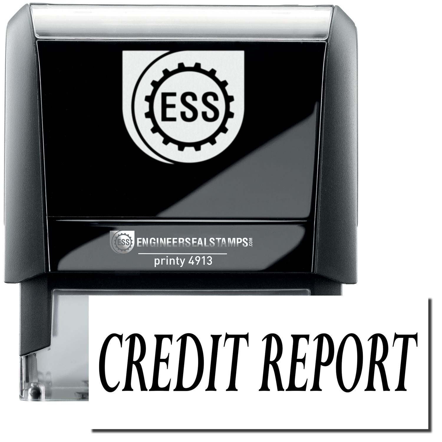 A self-inking stamp with a stamped image showing how the text "CREDIT REPORT" in a large bold font is displayed by it.