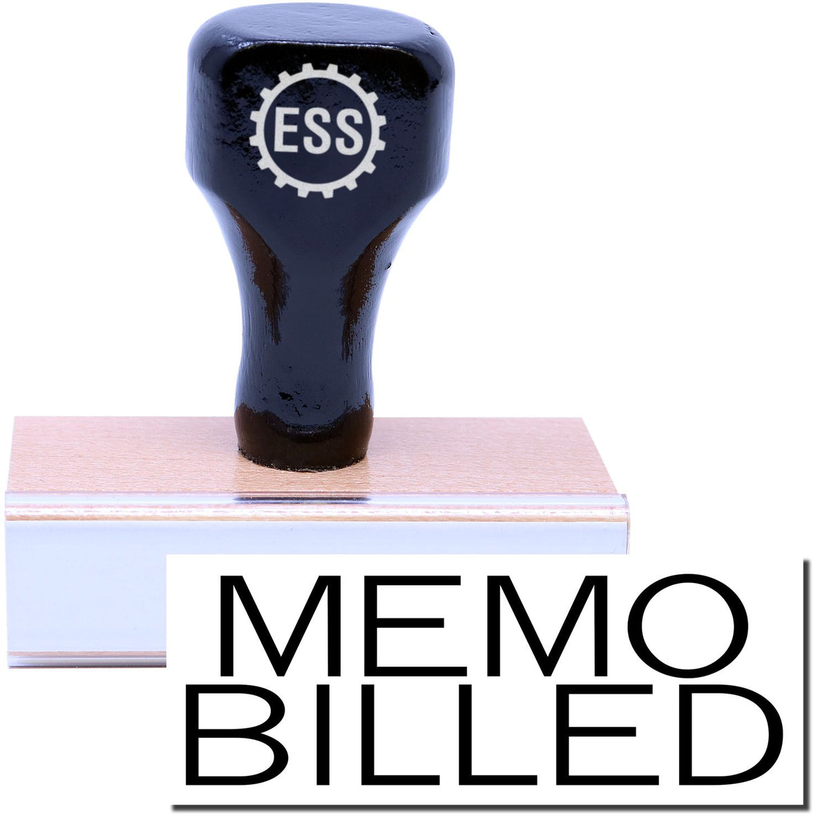 A stock office rubber stamp with a stamped image showing how the text &quot;MEMO BILLED&quot; in a large font is displayed after stamping.