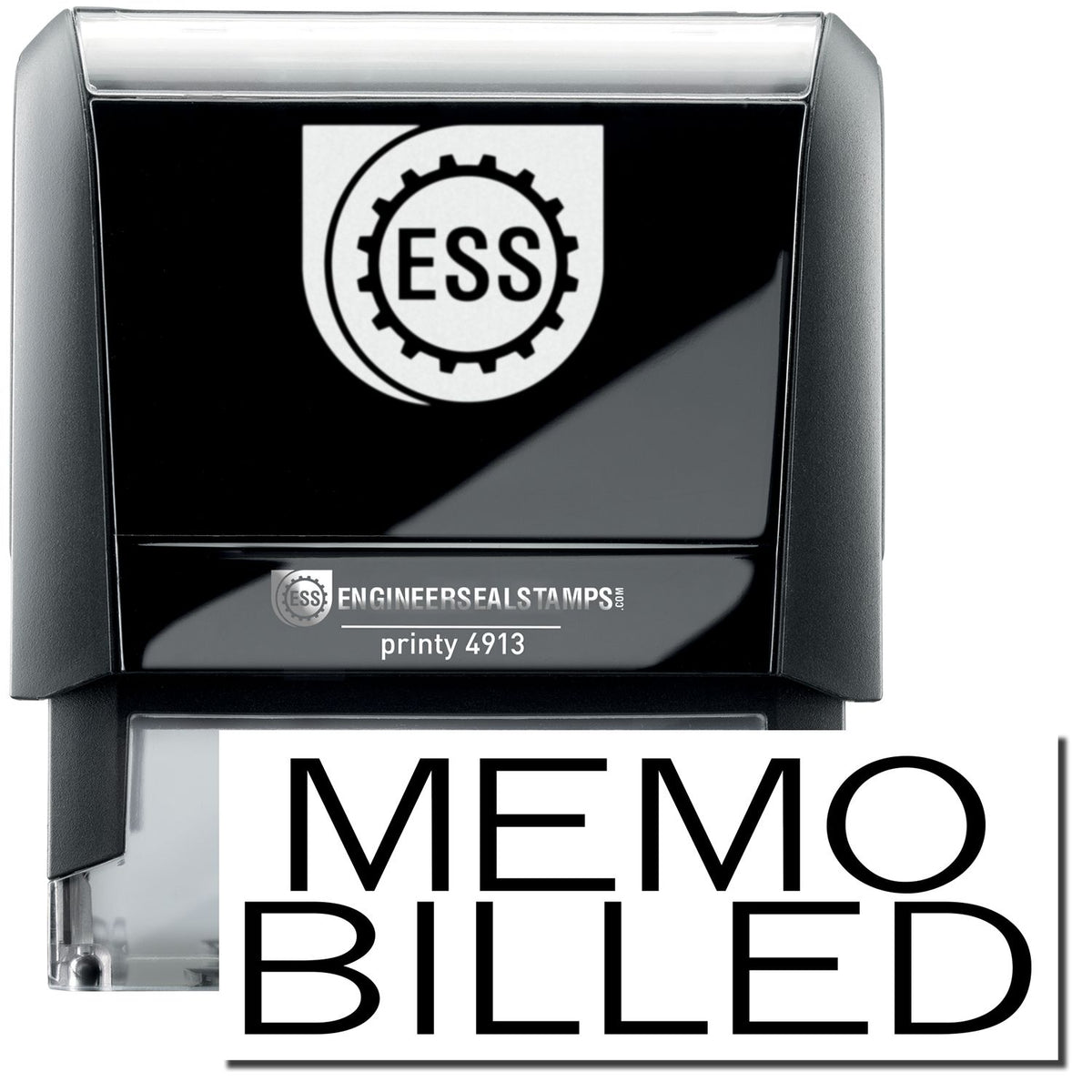 A self-inking stamp with a stamped image showing how the text &quot;MEMO BILLED&quot; in a large bold font is displayed by it.