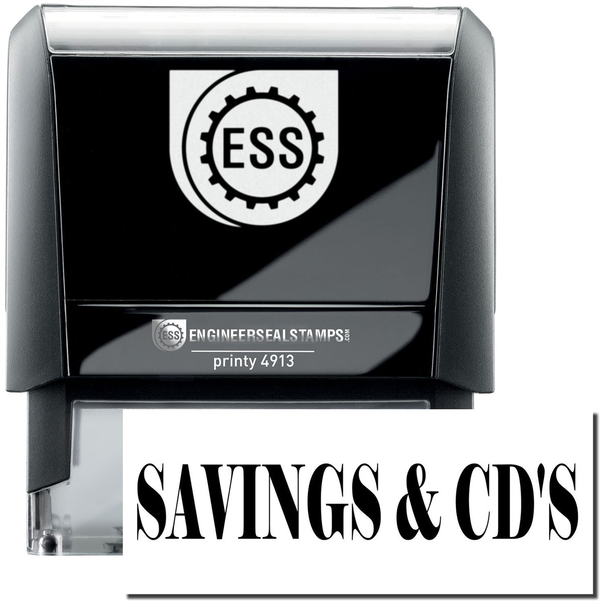 A self-inking stamp with a stamped image showing how the text &quot;SAVINGS &amp; CD&#39;S&quot; in a large bold font is displayed by it.