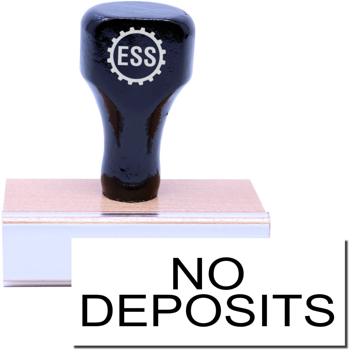 A stock office rubber stamp with a stamped image showing how the text "NO DEPOSITS" in a large font is displayed after stamping.