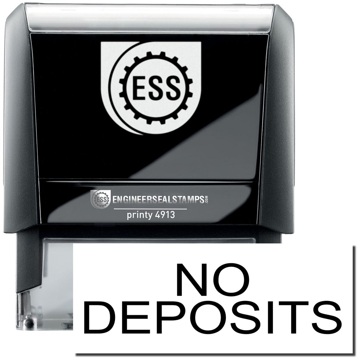 A self-inking stamp with a stamped image showing how the text &quot;NO DEPOSITS&quot; in a large bold font is displayed by it.