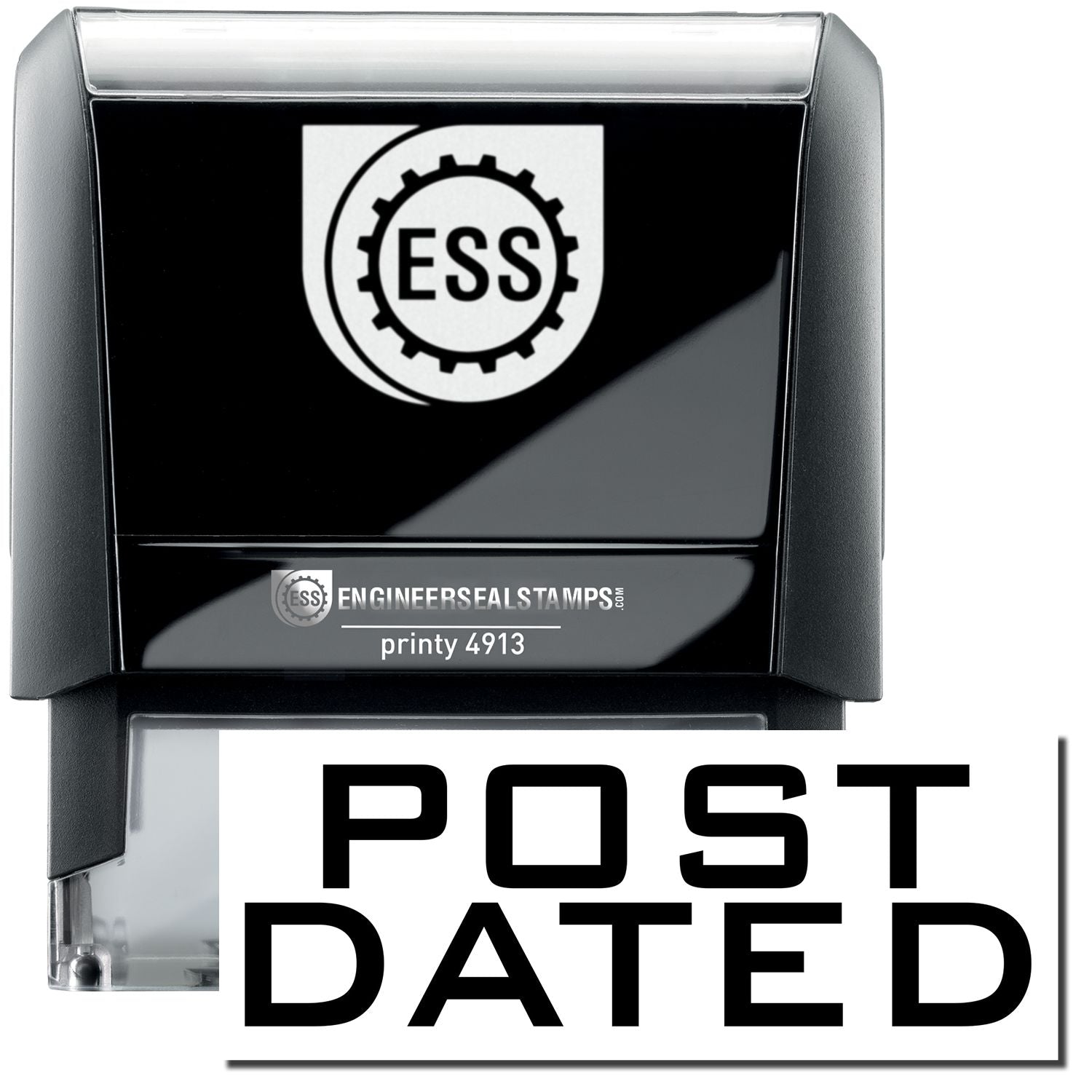 A self-inking stamp with a stamped image showing how the text POST DATED in a large bold font is displayed by it.