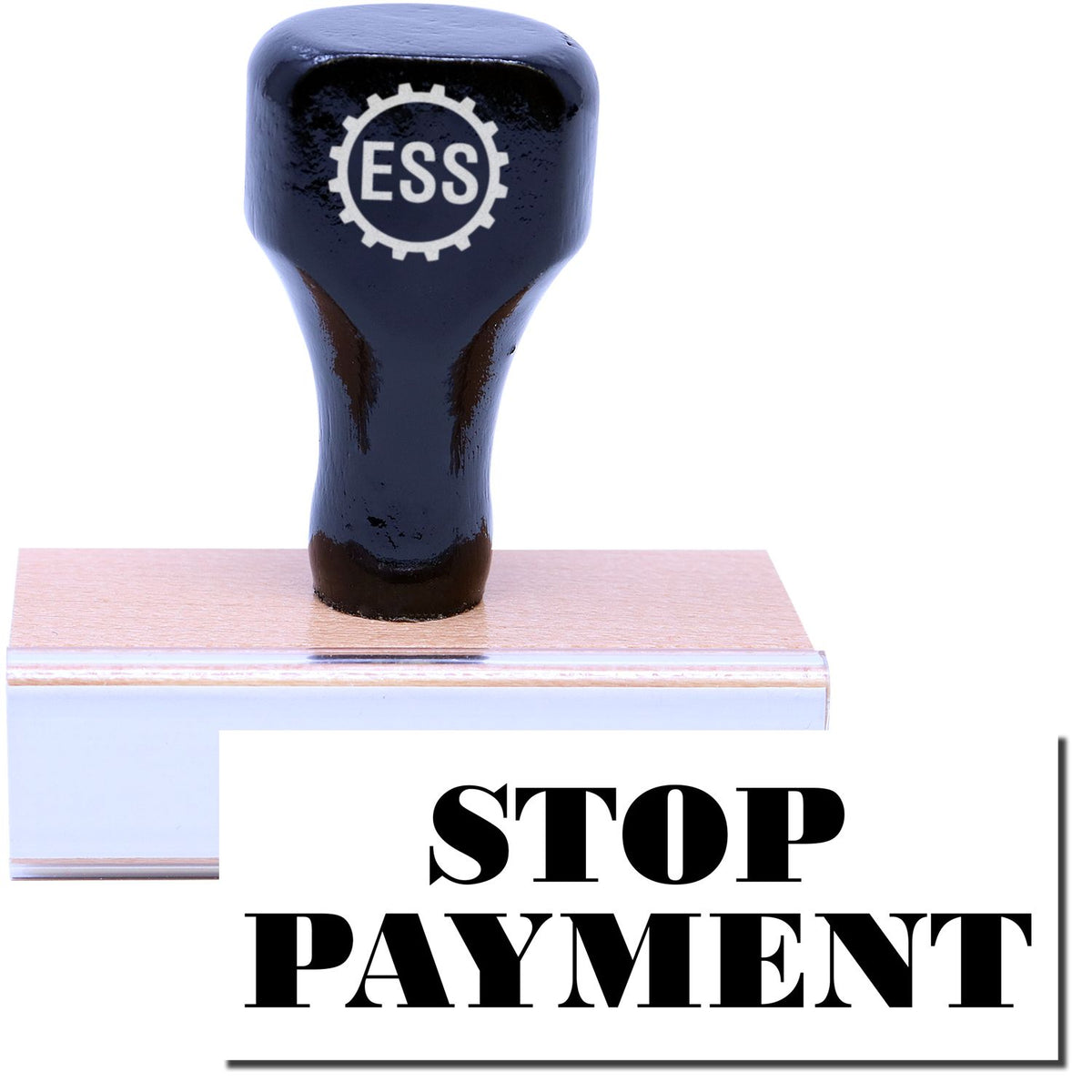 A stock office rubber stamp with a stamped image showing how the text &quot;STOP PAYMENT&quot; in a large font is displayed after stamping.