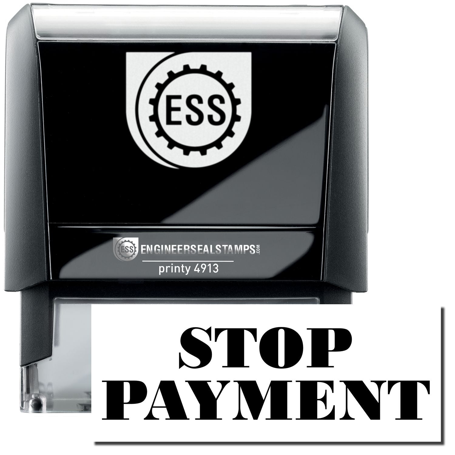 A self-inking stamp with a stamped image showing how the text STOP PAYMENT in a large bold font is displayed by it.