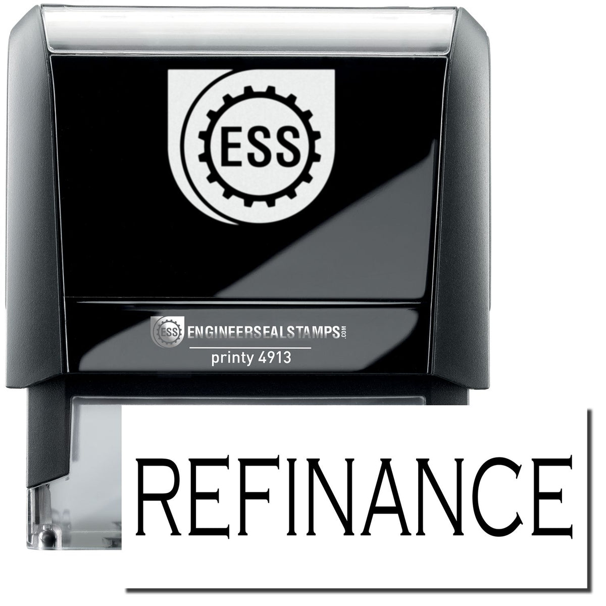 A self-inking stamp with a stamped image showing how the text &quot;REFINANCE&quot; in a large bold font is displayed by it.