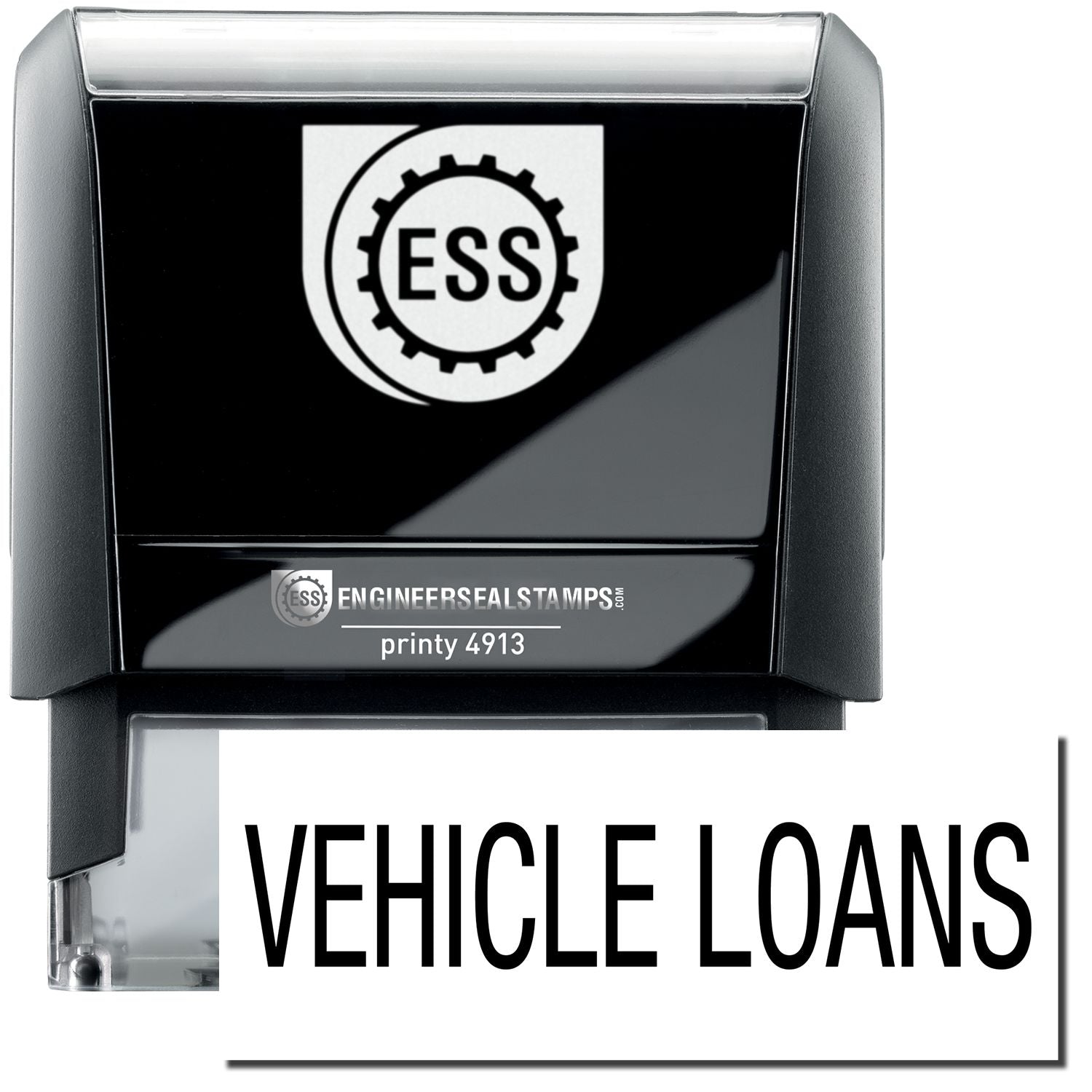 A self-inking stamp with a stamped image showing how the text "VEHICLE LOANS" in a large bold font is displayed by it.