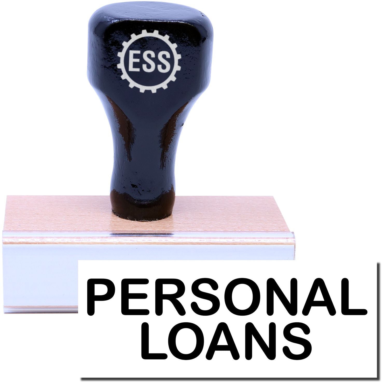 A stock office rubber stamp with a stamped image showing how the text PERSONAL LOANS in a large font is displayed after stamping.