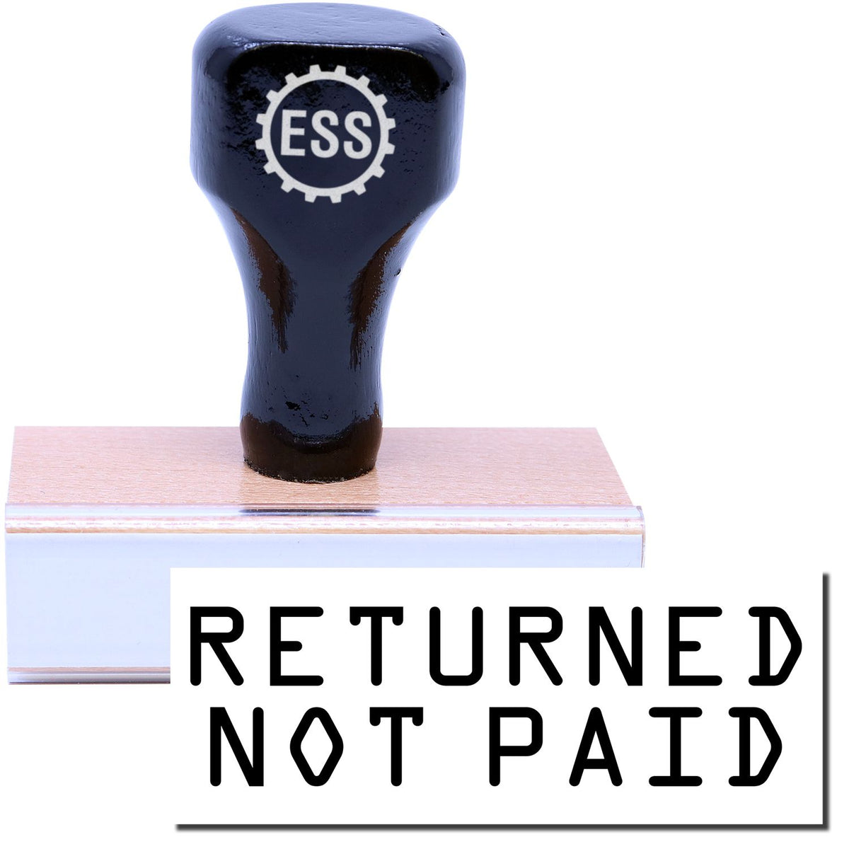 A stock office rubber stamp with a stamped image showing how the text &quot;RETURNED NOT PAID&quot; in a large font is displayed after stamping.