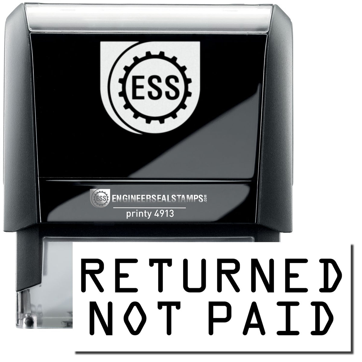 A self-inking stamp with a stamped image showing how the text &quot;RETURNED NOT PAID&quot; in a large bold font is displayed by it.