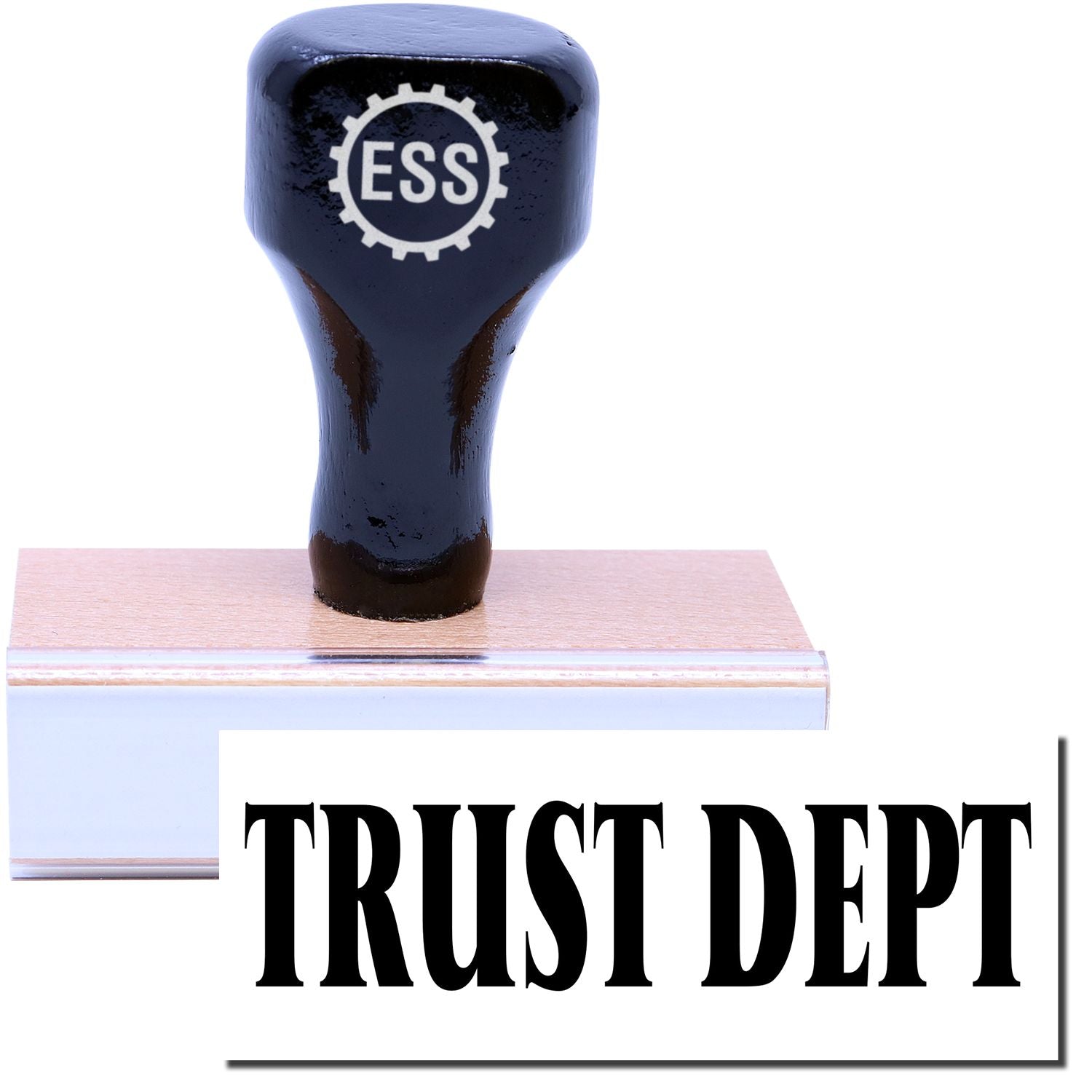 A stock office rubber stamp with a stamped image showing how the text "TRUST DEPT" in a large font is displayed after stamping.