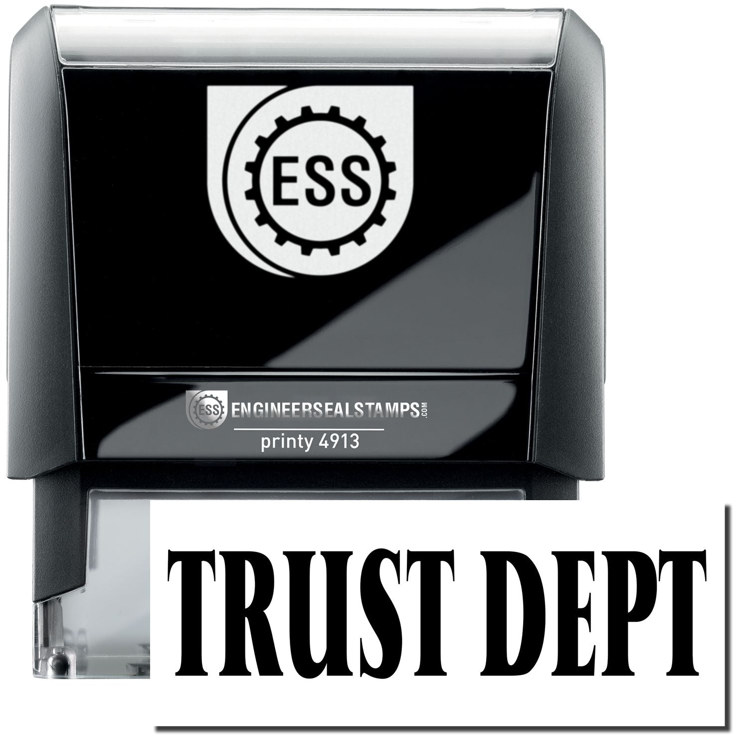 A self-inking stamp with a stamped image showing how the text "TRUST DEPT" in a large bold font is displayed by it.