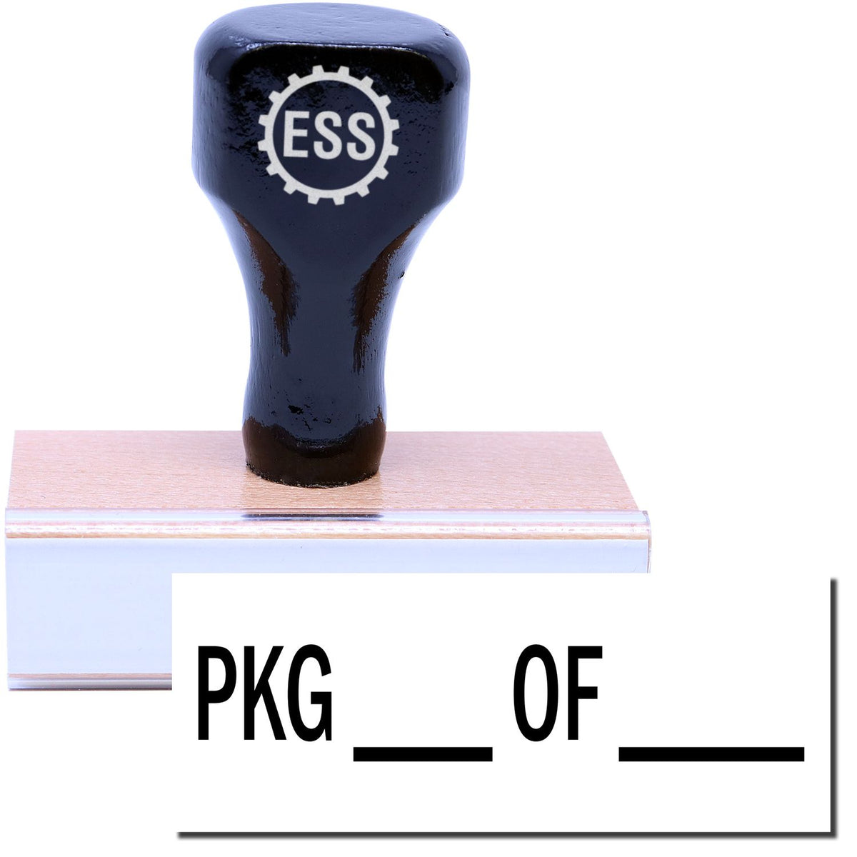 A stock office rubber stamp with a stamped image showing how the text &quot;PKG ___ OF ____&quot; in a large font is displayed after stamping.