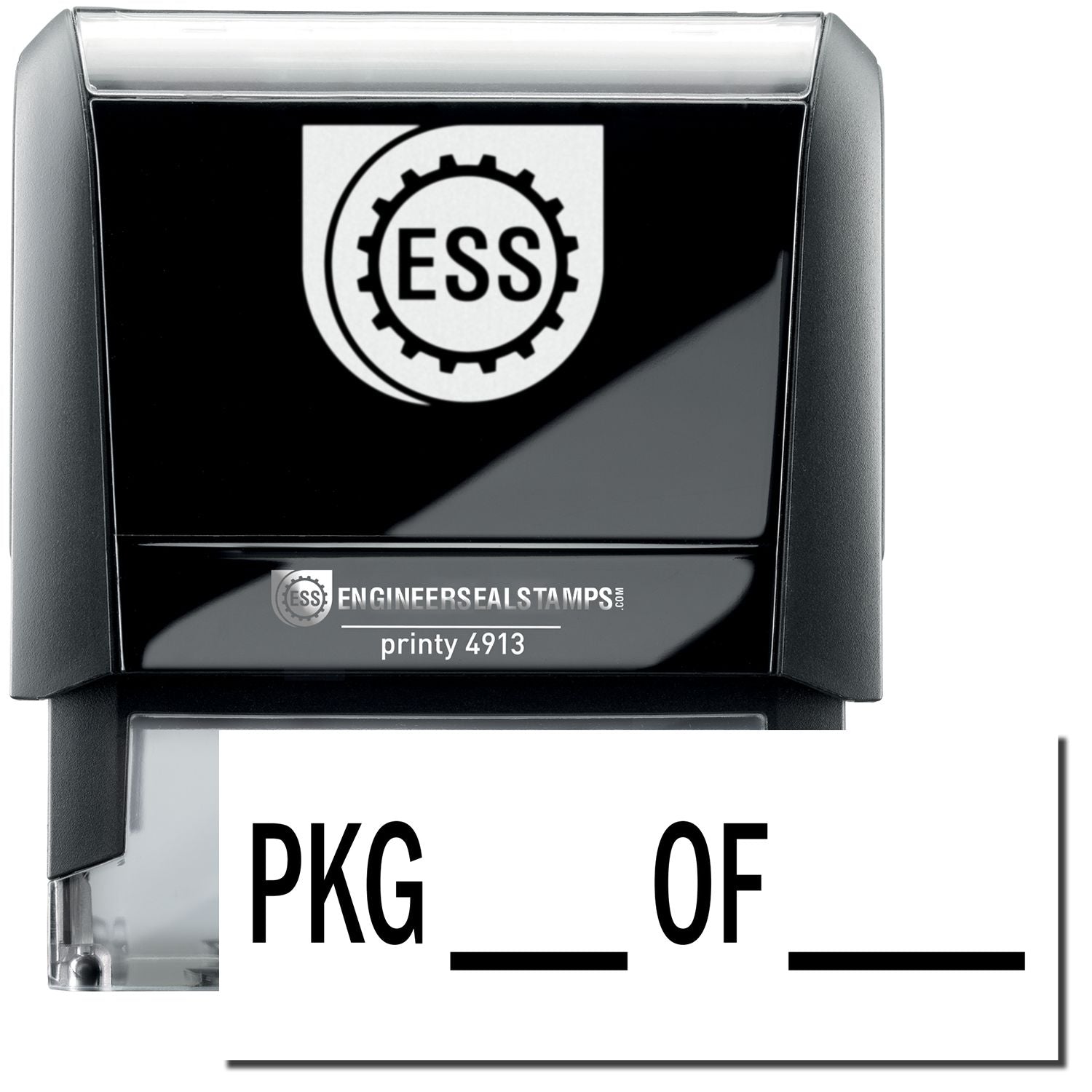 A self-inking stamp with a stamped image showing how the text PKG ___ OF ____ in a large bold font is displayed by it.