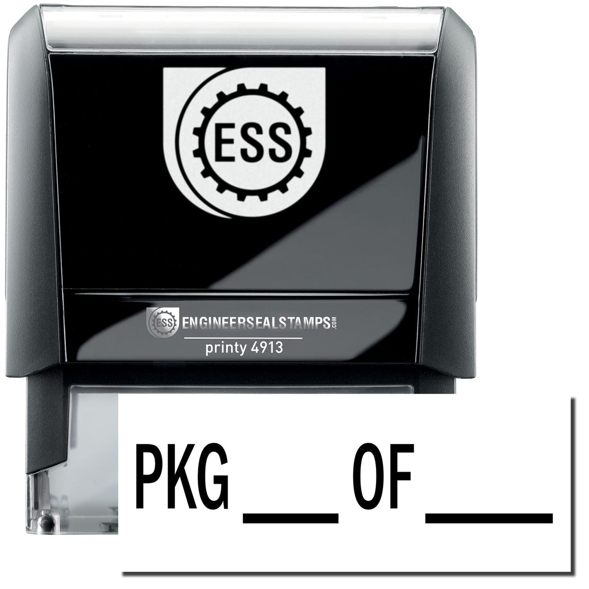 A self-inking stamp with a stamped image showing how the text &quot;PKG ___ OF ____&quot; in a large bold font is displayed by it.