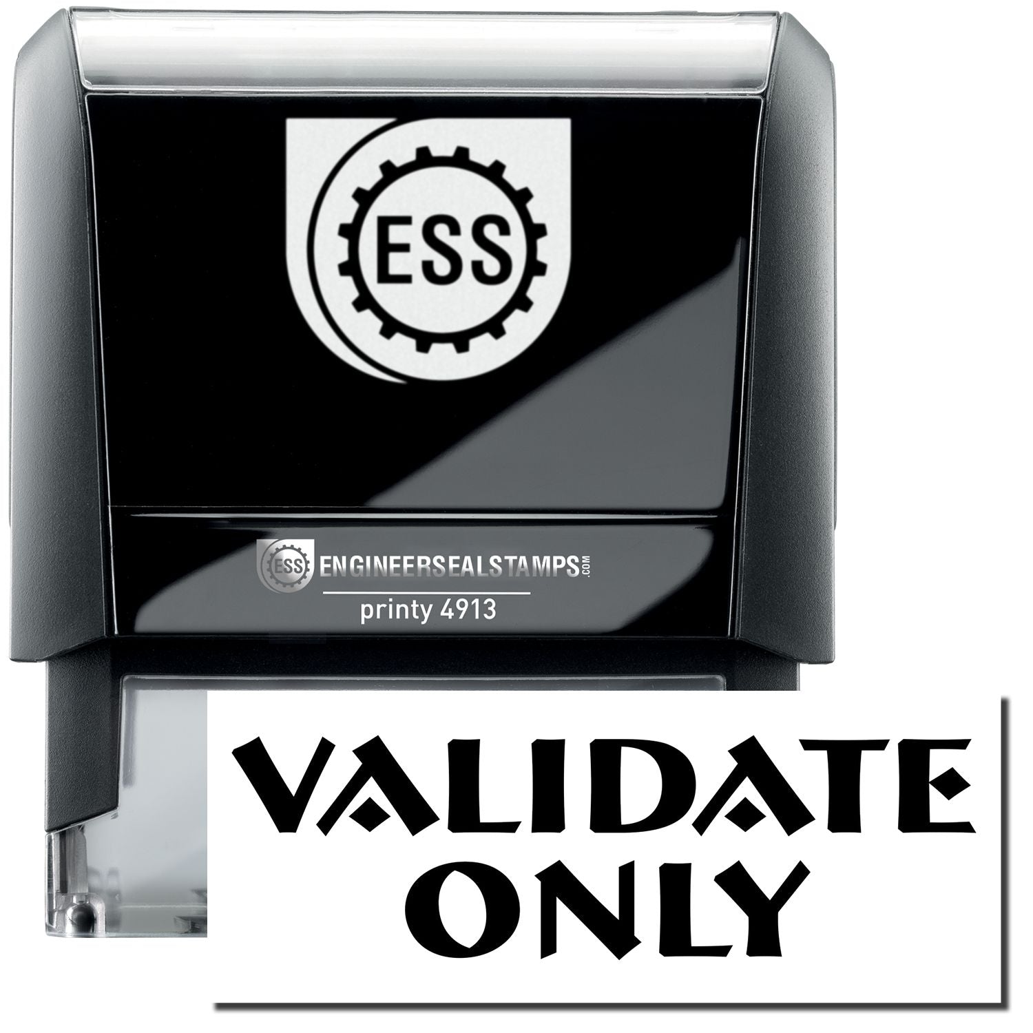 A self-inking stamp with a stamped image showing how the text "VALIDATE ONLY" in a large bold font is displayed by it.