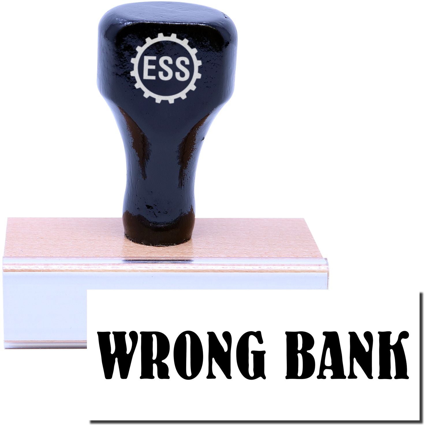 A stock office rubber stamp with a stamped image showing how the text WRONG BANK in a large font is displayed after stamping.