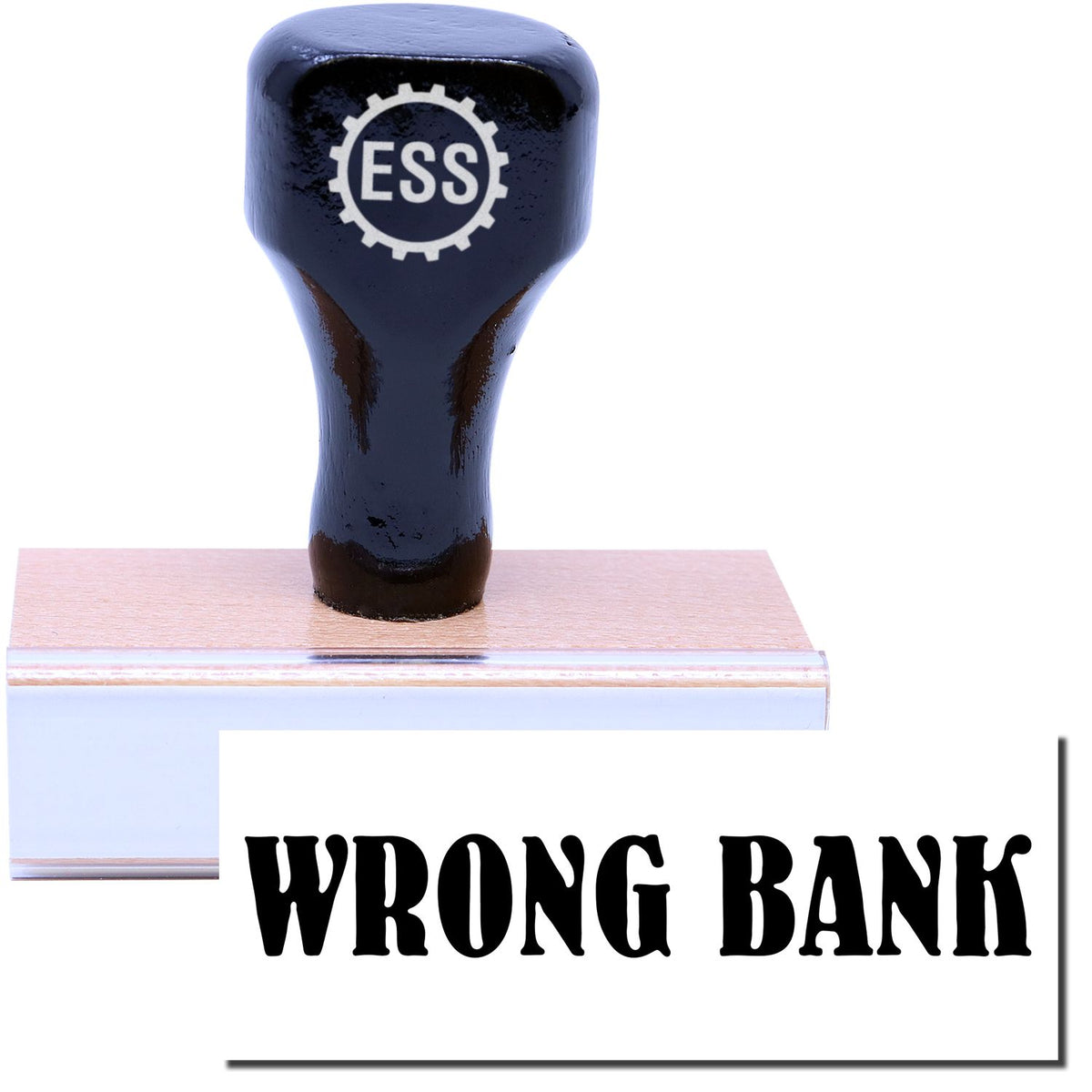 A stock office rubber stamp with a stamped image showing how the text &quot;WRONG BANK&quot; in a large font is displayed after stamping.