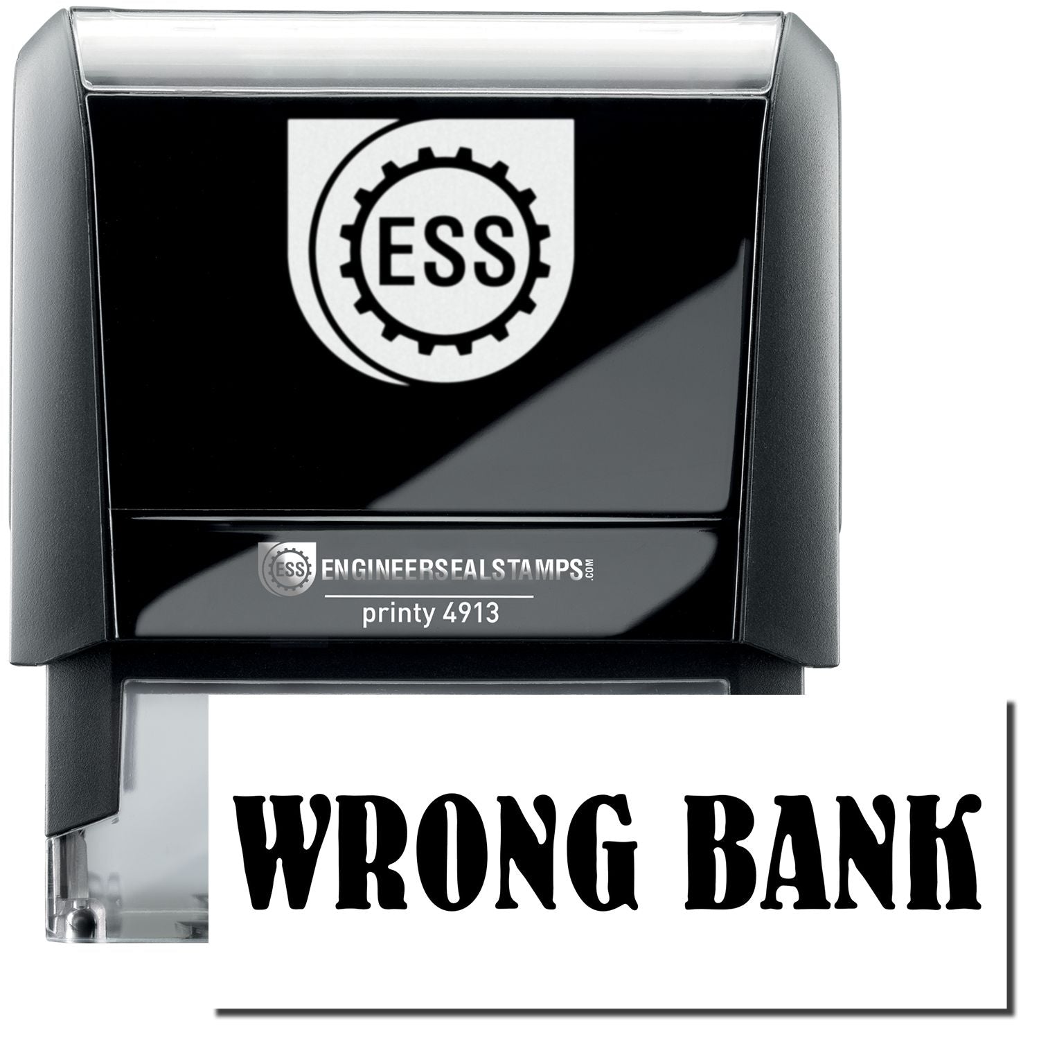 A self-inking stamp with a stamped image showing how the text "WRONG BANK" in a large bold font is displayed by it.