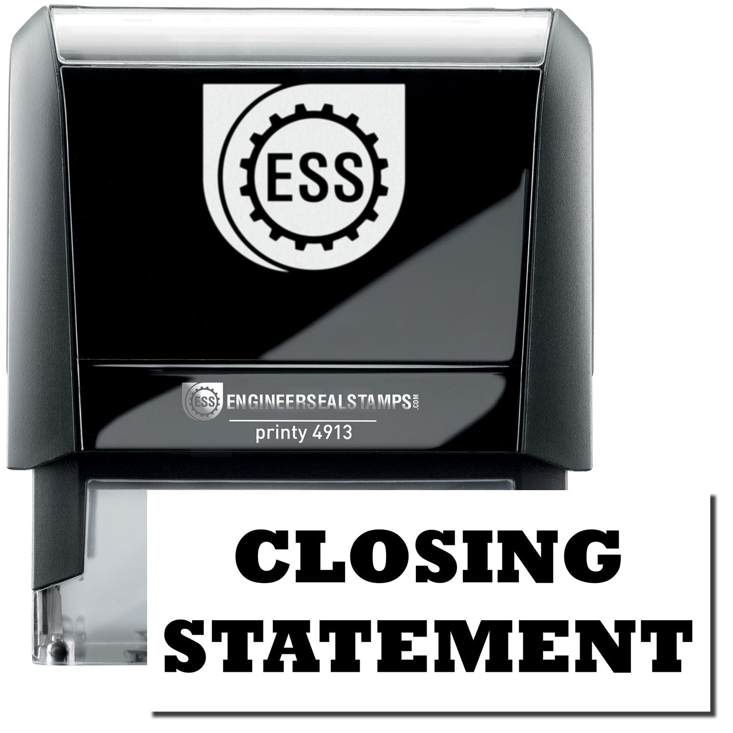A self-inking stamp with a stamped image showing how the text "CLOSING STATEMENT" in a large bold font is displayed by it.