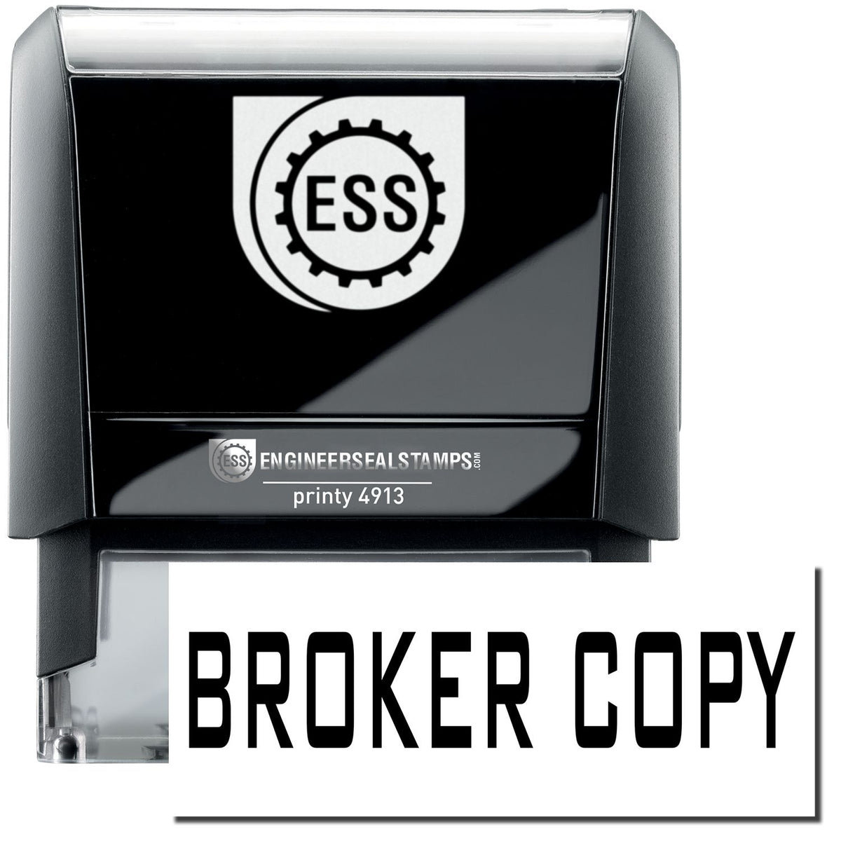 A self-inking stamp with a stamped image showing how the text &quot;BROKER COPY&quot; in a large bold font is displayed by it.