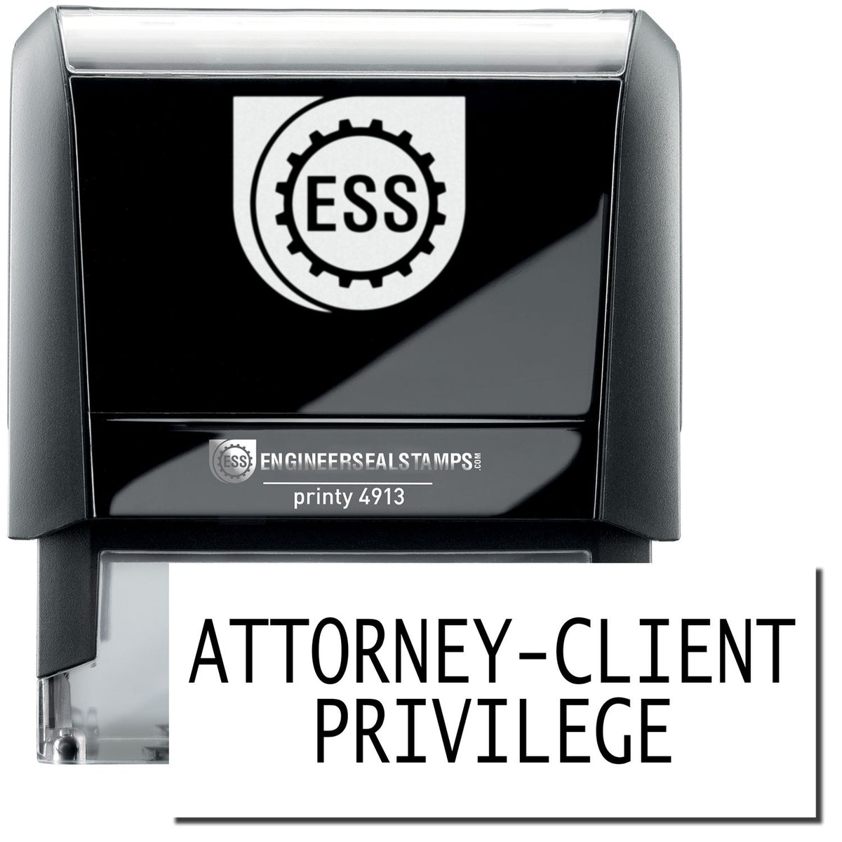 A self-inking stamp with a stamped image showing how the text &quot;ATTORNEY-CLIENT PRIVILEGE&quot; in a large bold font is displayed by it.