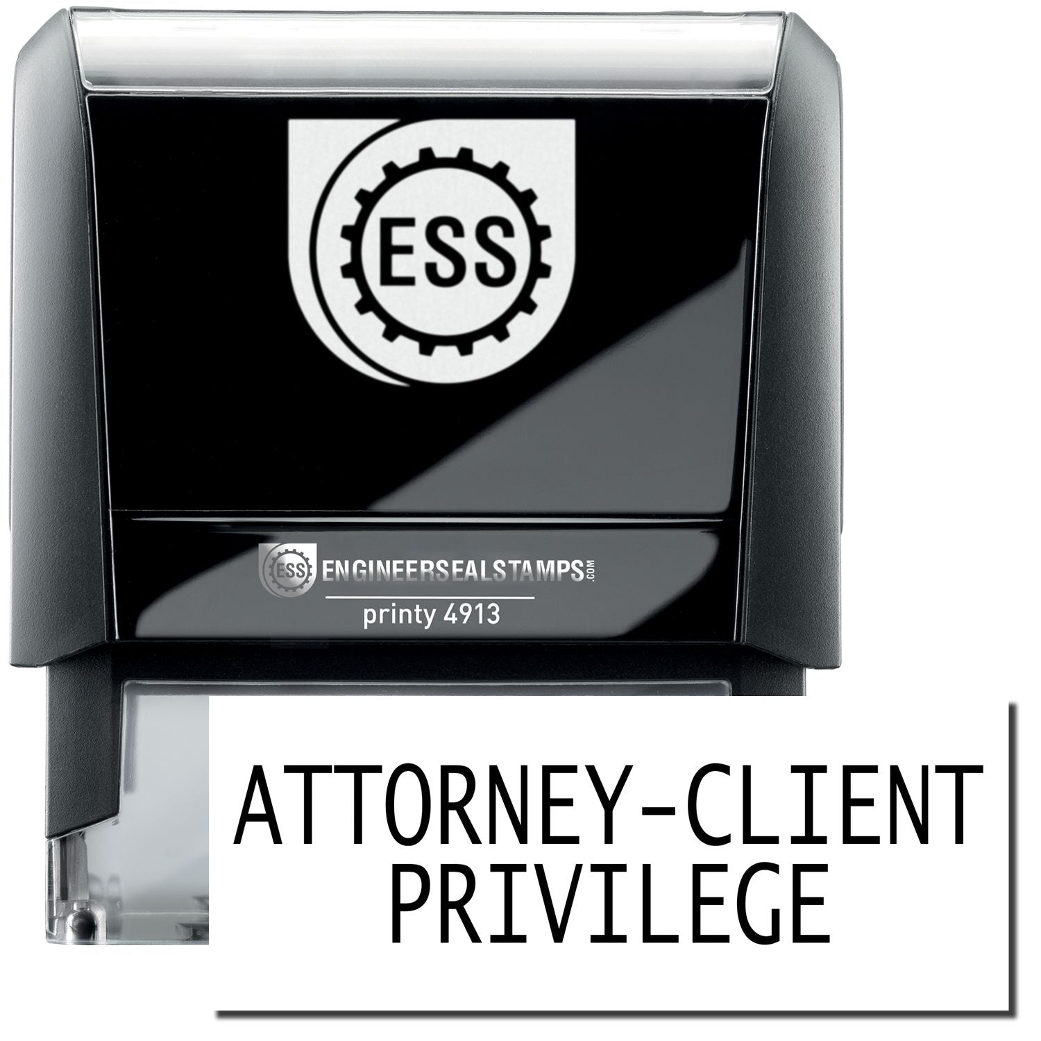 A self-inking stamp with a stamped image showing how the text "ATTORNEY-CLIENT PRIVILEGE" in a large bold font is displayed by it.