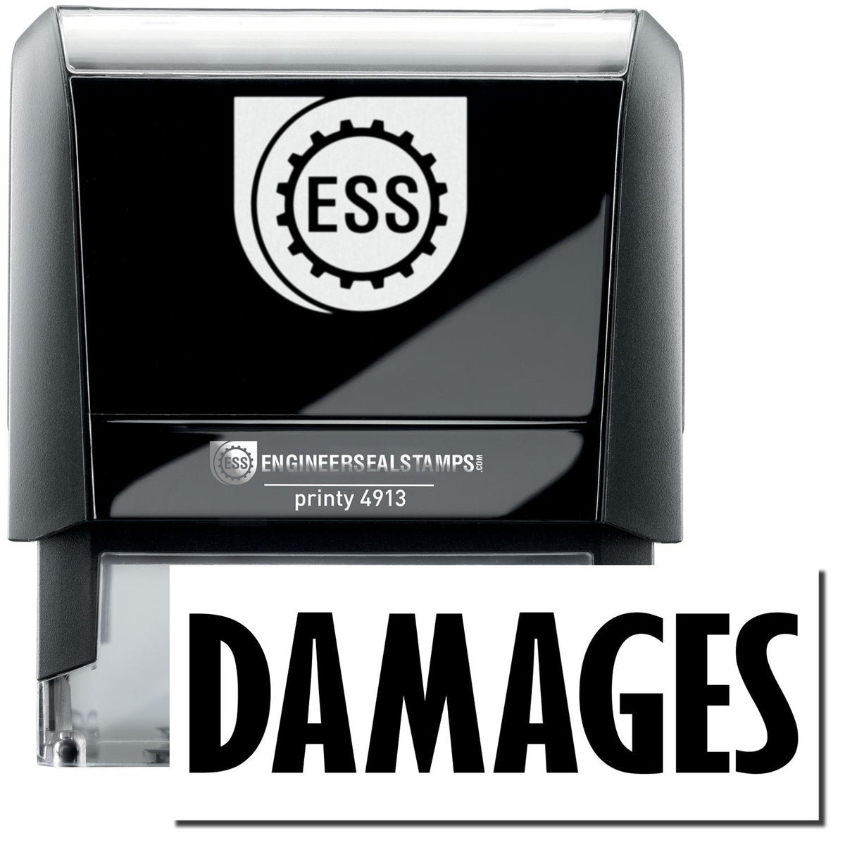 A self-inking stamp with a stamped image showing how the text &quot;DAMAGES&quot; in a large bold font is displayed by it.