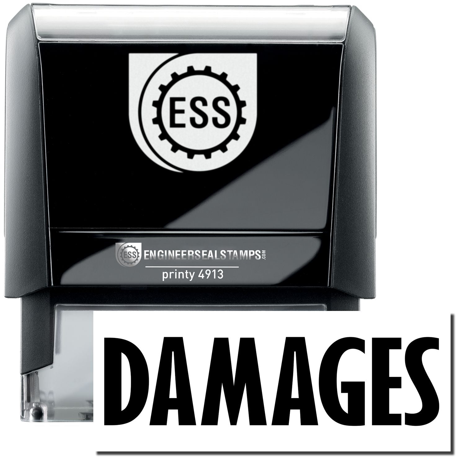 A self-inking stamp with a stamped image showing how the text "DAMAGES" in a large bold font is displayed by it.