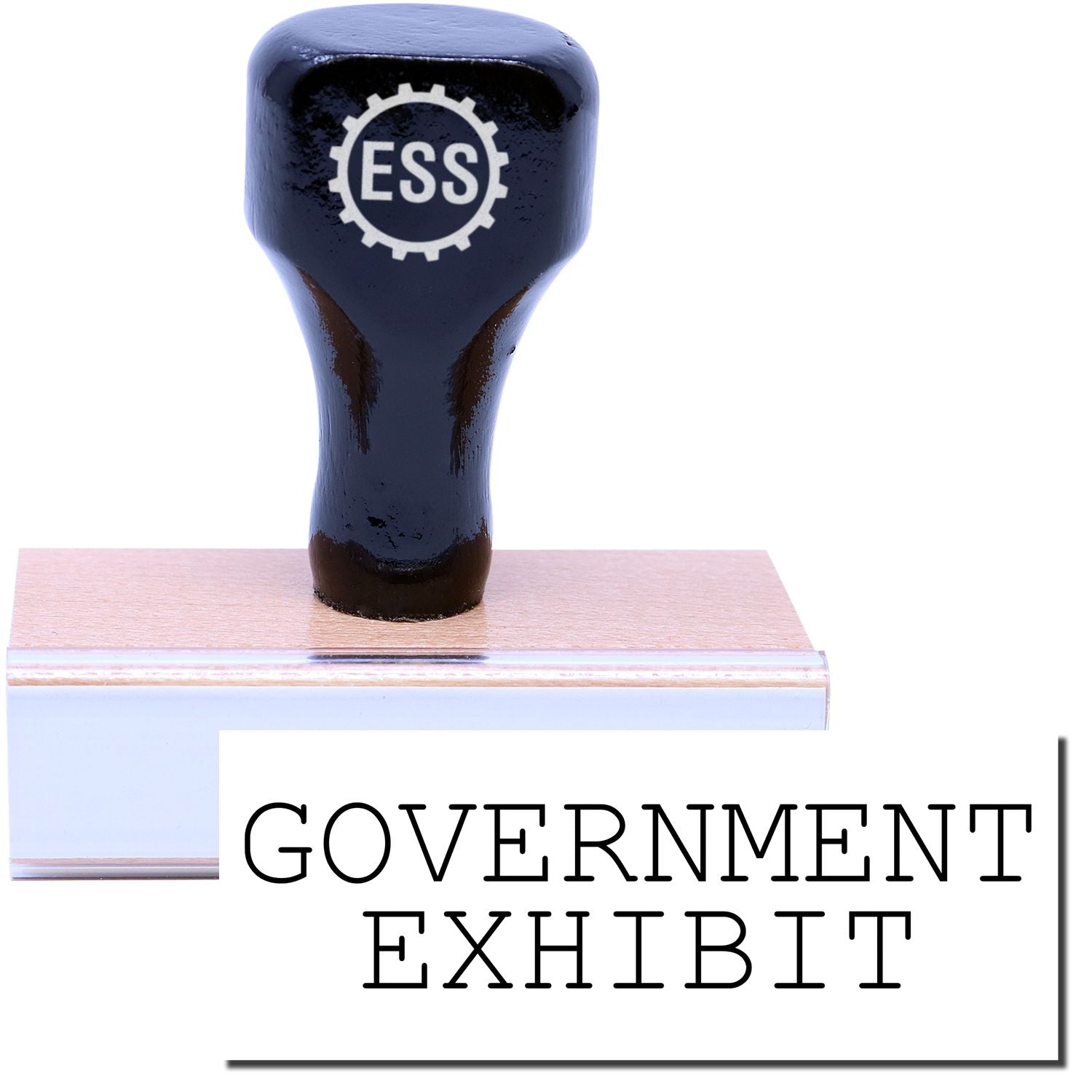 A stock office rubber stamp with a stamped image showing how the text GOVERNMENT EXHIBIT in a large font is displayed after stamping.