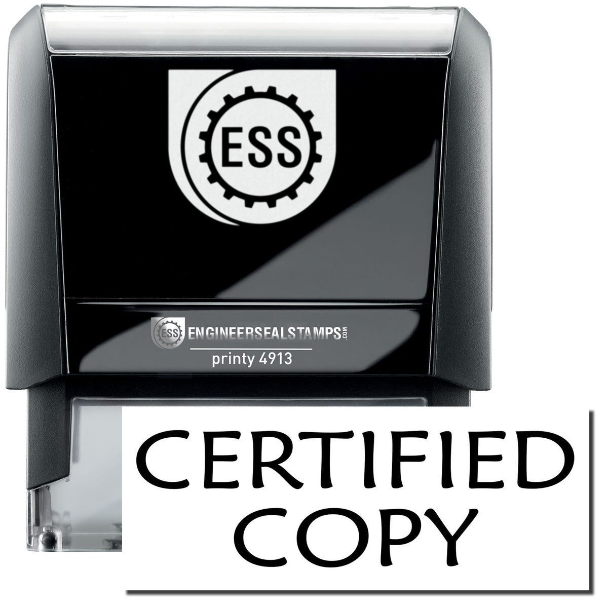 A self-inking stamp with a stamped image showing how the text &quot;CERTIFIED COPY&quot; in a large bold font is displayed by it.