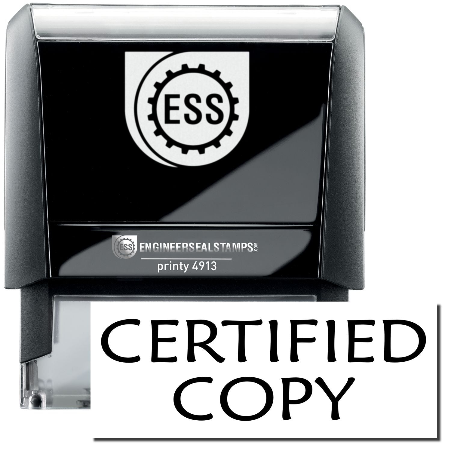 A self-inking stamp with a stamped image showing how the text "CERTIFIED COPY" in a large bold font is displayed by it.