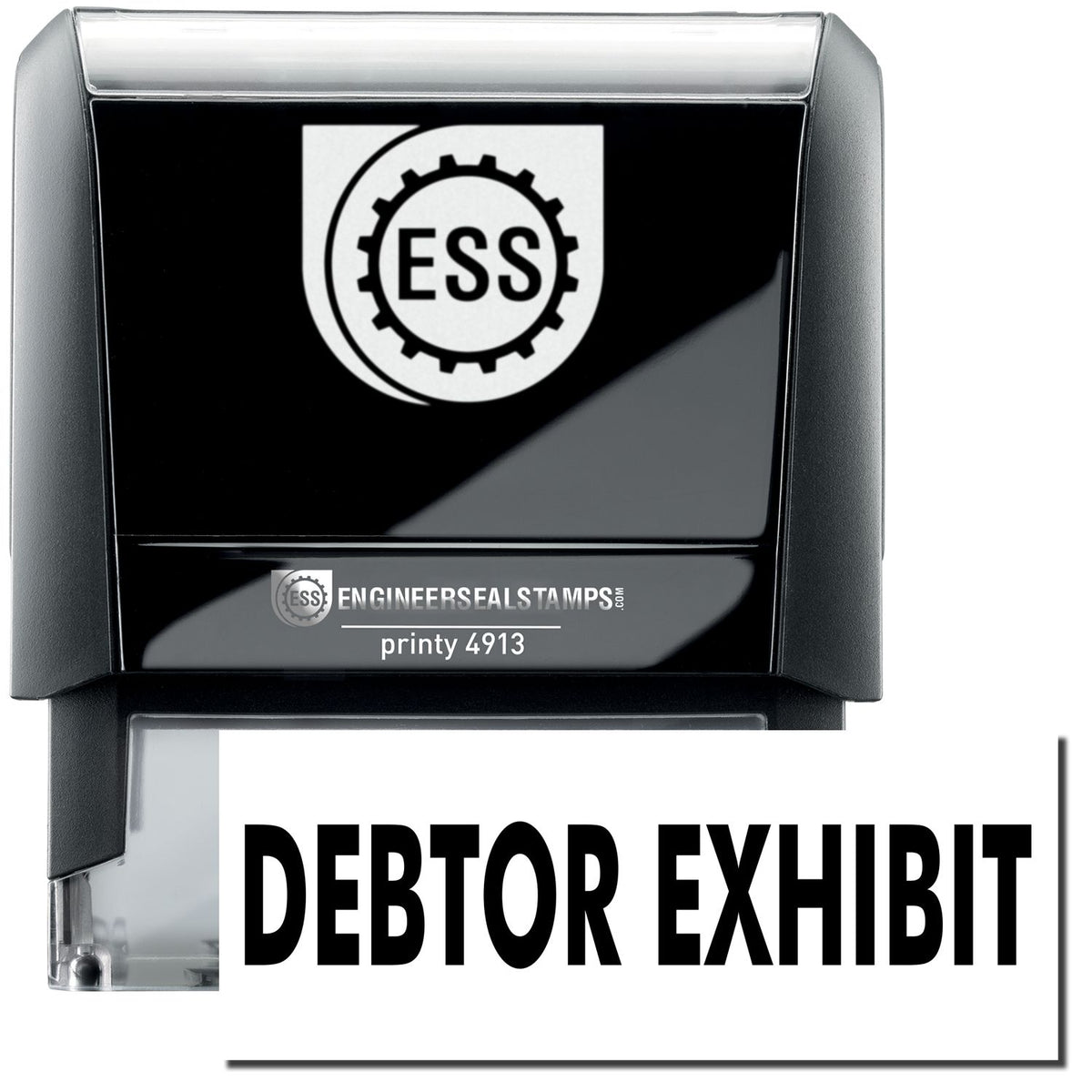 A self-inking stamp with a stamped image showing how the text &quot;DEBTOR EXHIBIT&quot; in a large bold font is displayed by it.