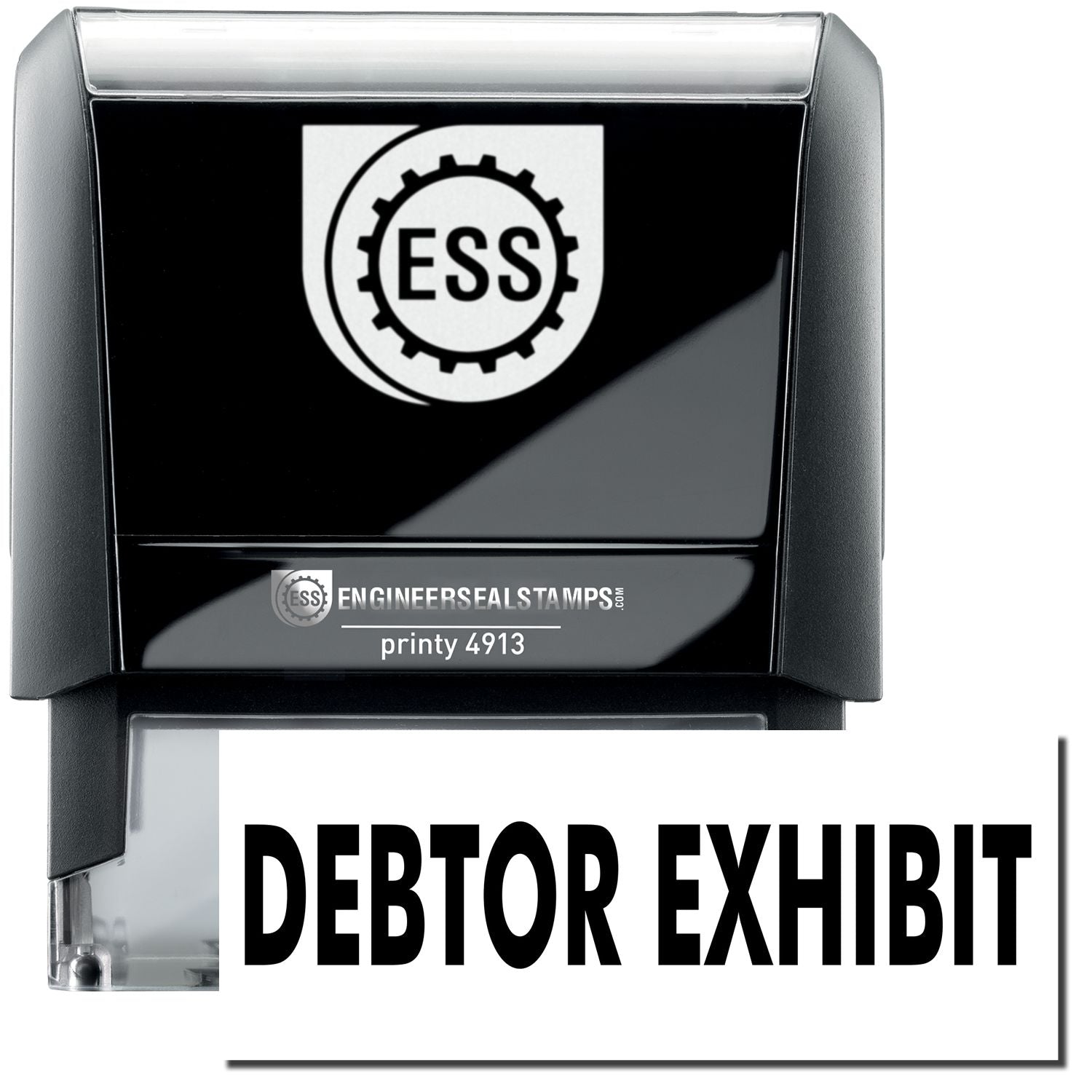 A self-inking stamp with a stamped image showing how the text "DEBTOR EXHIBIT" in a large bold font is displayed by it.