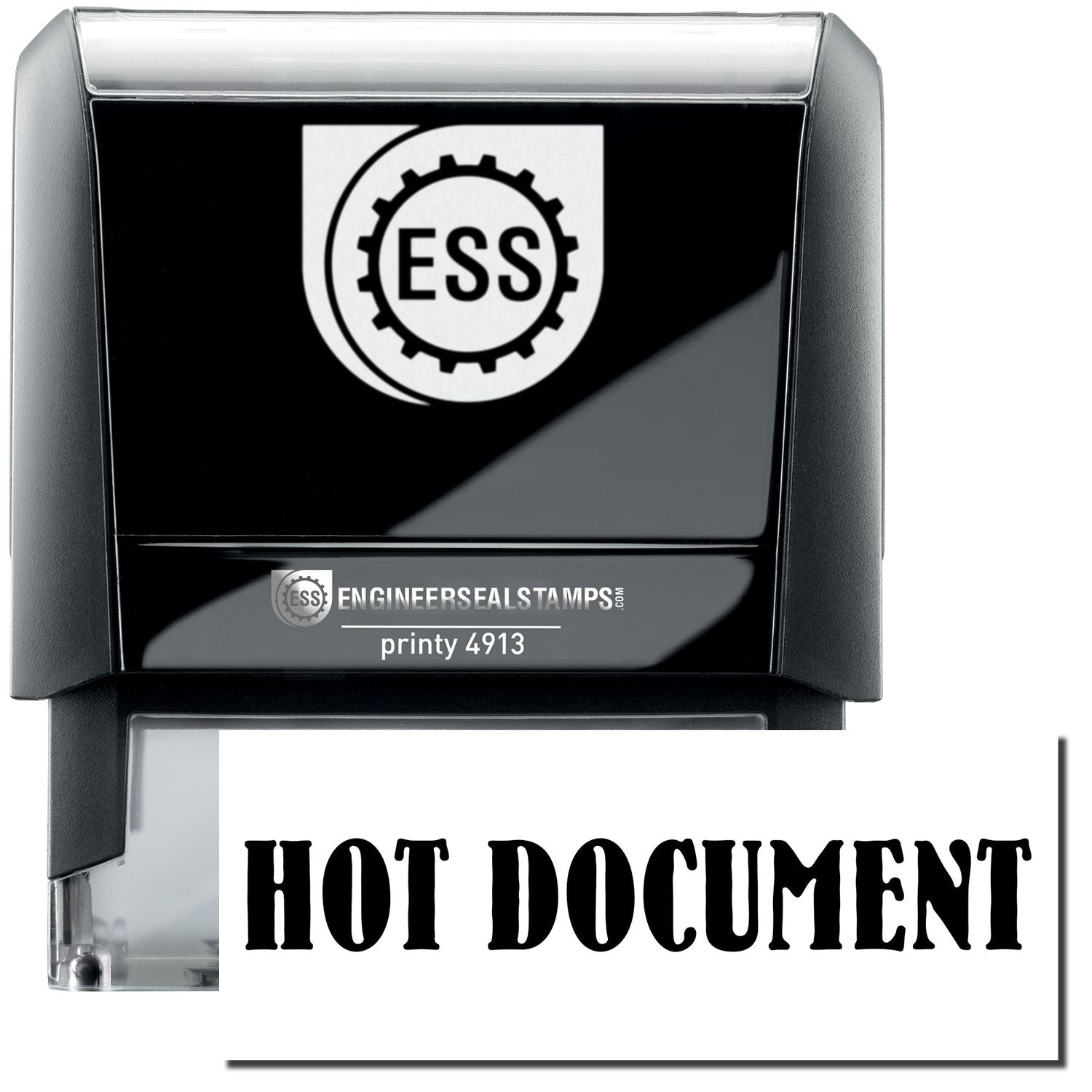 A self-inking stamp with a stamped image showing how the text "HOT DOCUMENT" in a large bold font is displayed by it.