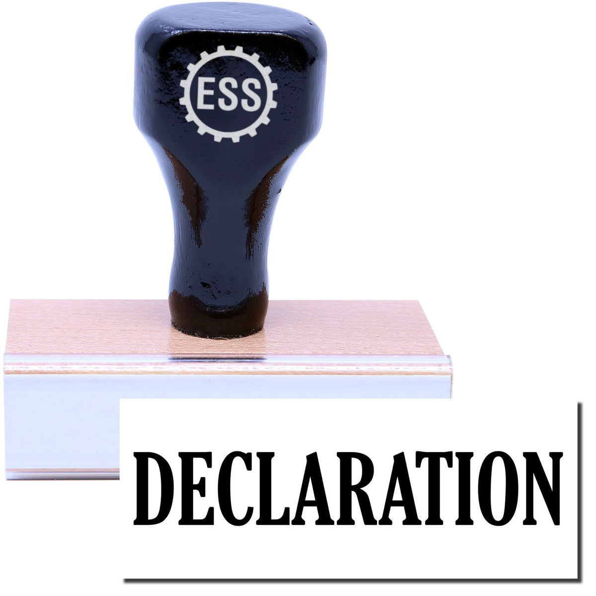 A stock office rubber stamp with a stamped image showing how the text &quot;DECLARATION&quot; in a large font is displayed after stamping.
