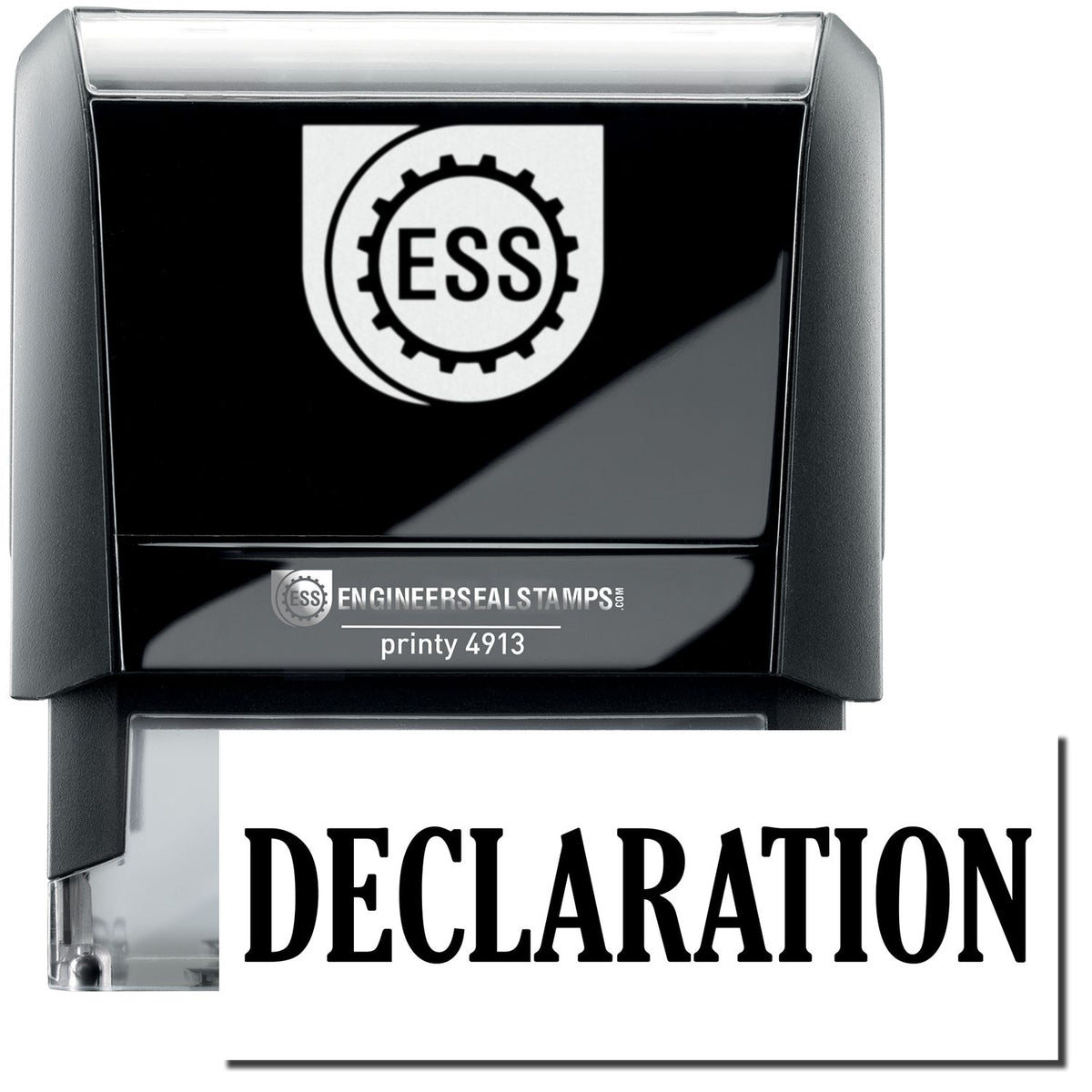 A self-inking stamp with a stamped image showing how the text &quot;DECLARATION&quot; in a large bold font is displayed by it.