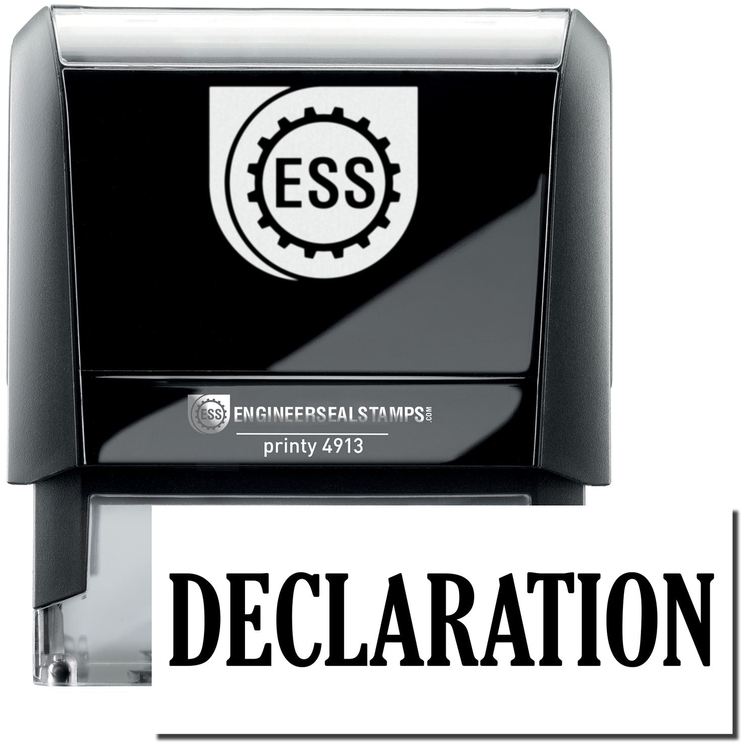 A self-inking stamp with a stamped image showing how the text "DECLARATION" in a large bold font is displayed by it.