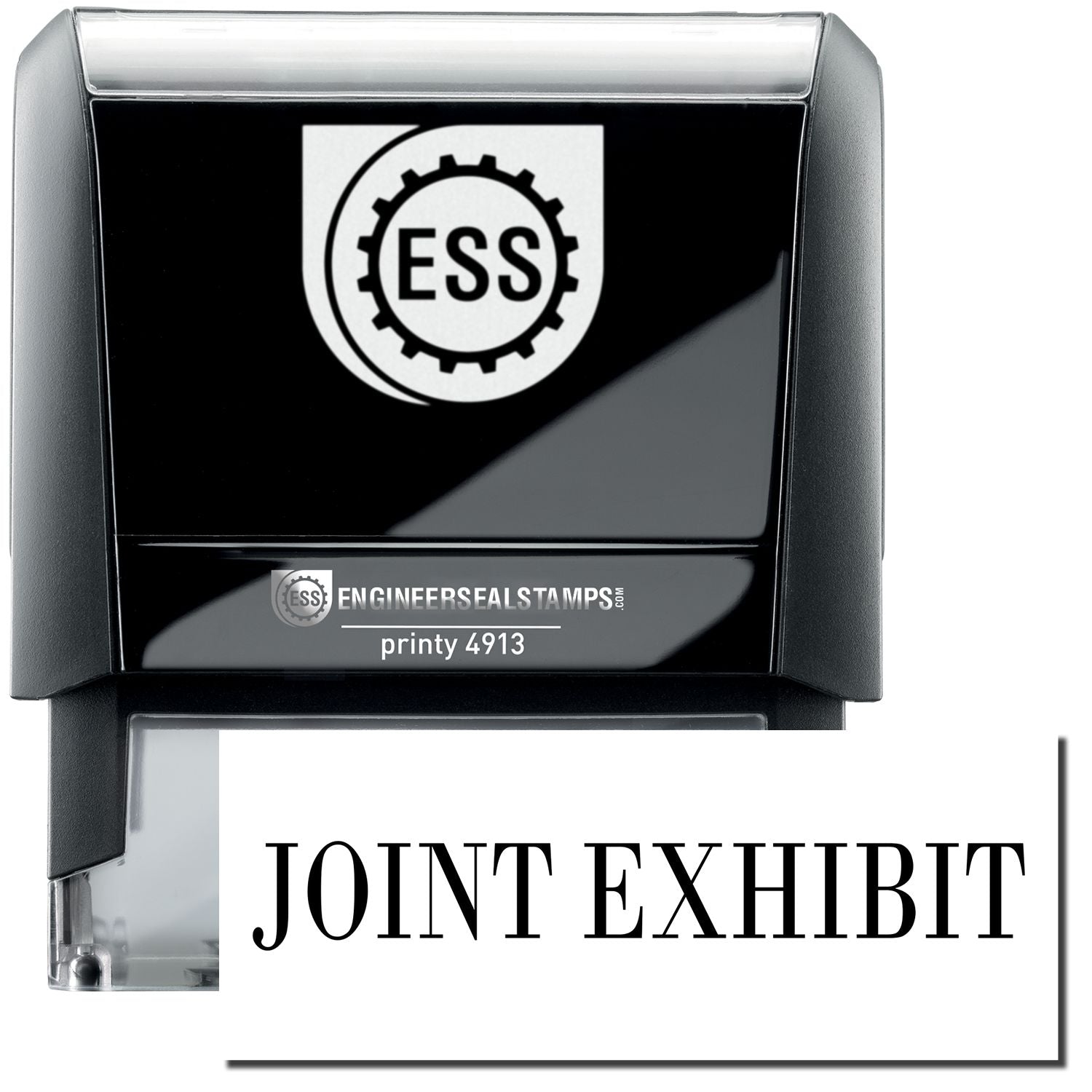 A self-inking stamp with a stamped image showing how the text JOINT EXHIBIT in a large bold font is displayed by it.