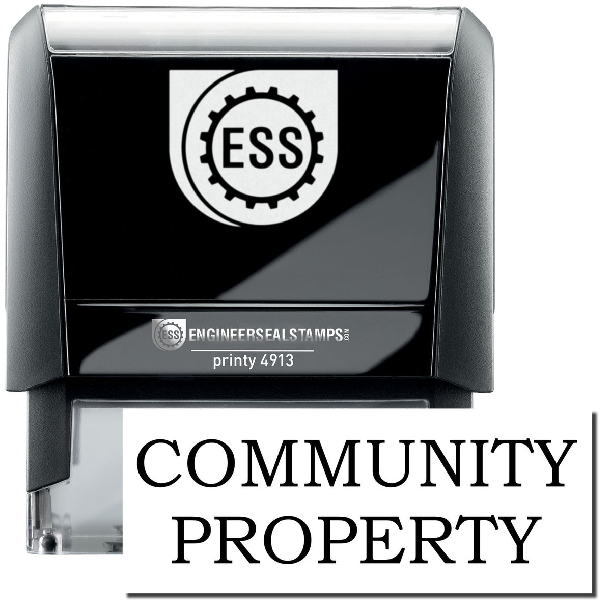 A self-inking stamp with a stamped image showing how the text &quot;COMMUNITY PROPERTY&quot; in a large bold font is displayed by it.